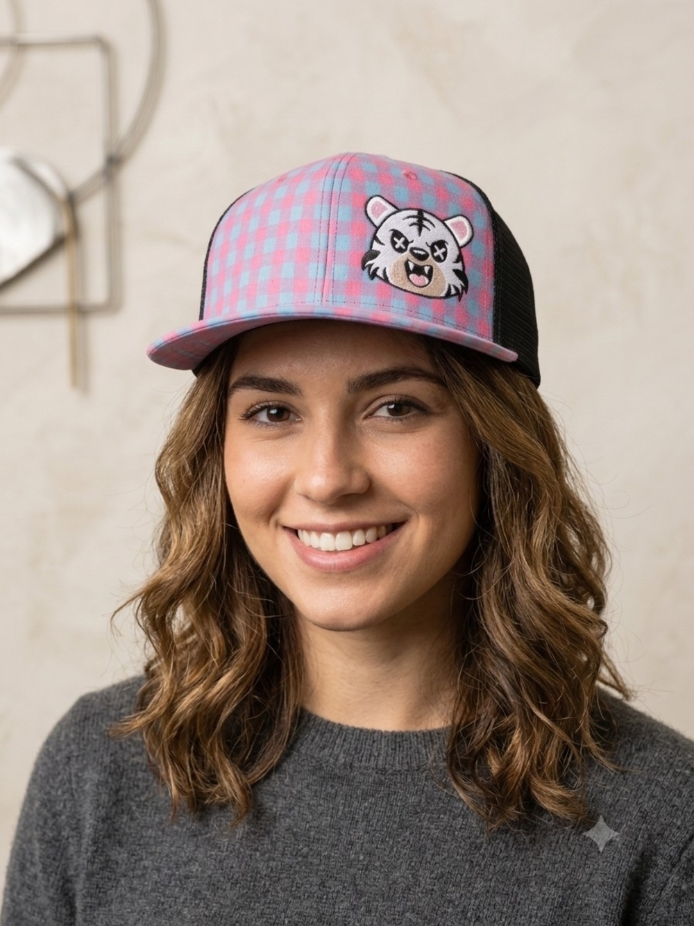 Pink & Blue Gingham Trucker Hat with Tiger Patch